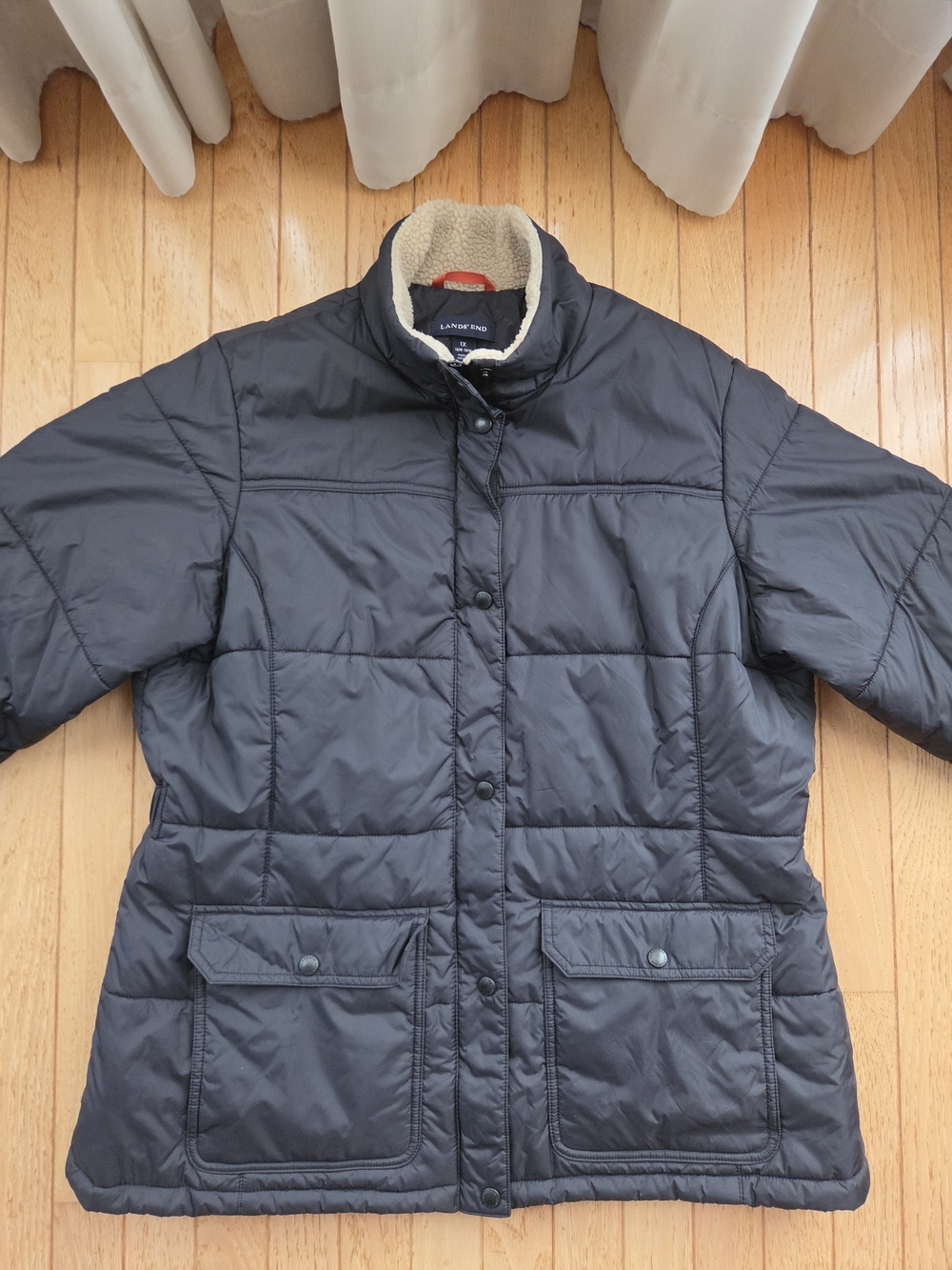 Lands’ End Quilted Jacket 1X Navy Sherpa Collar Utility Pockets